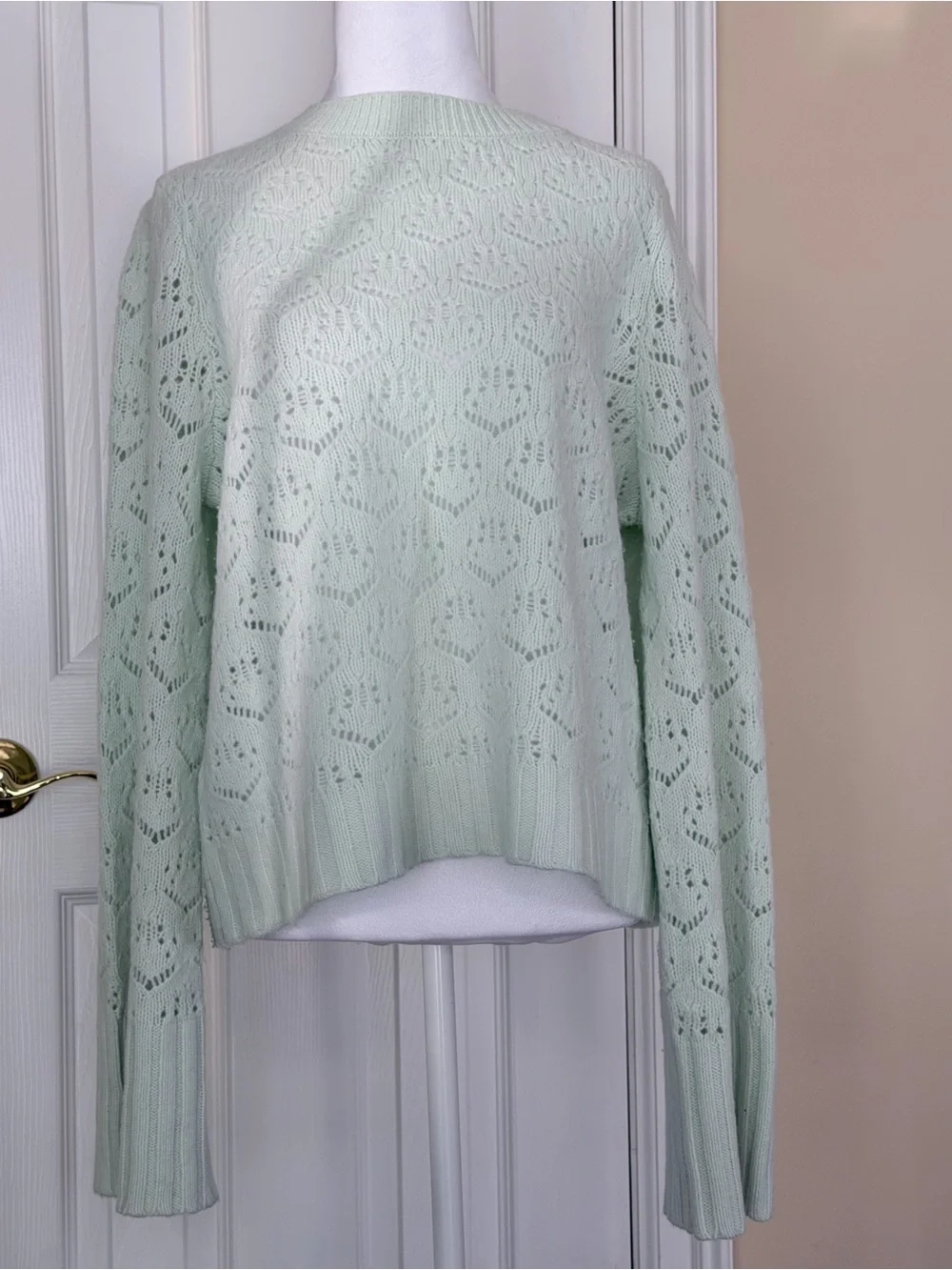J.Crew 100% Merino Wool Pointelle Knit Sweater Mint Green Wide Sleeves Large